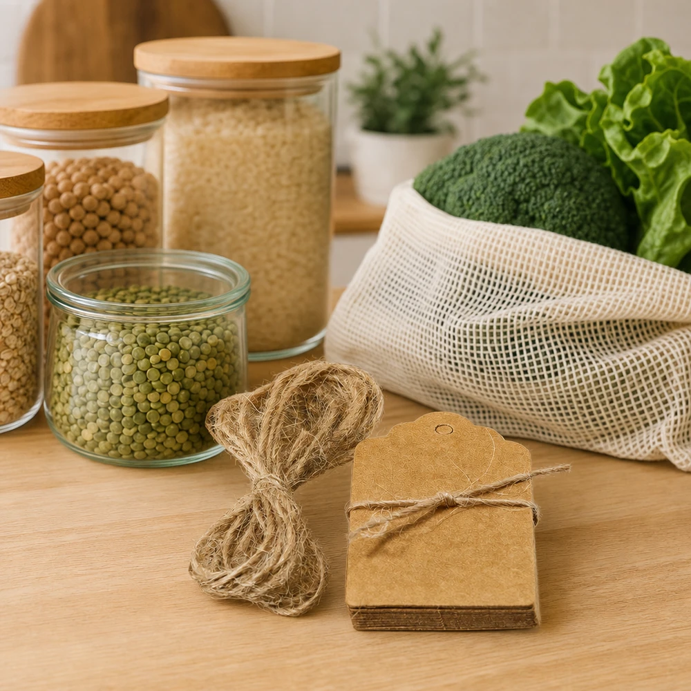 Étiquettes durables en papier kraft avec cordelette en fibres naturelles à côté de produits zéro déchet et de sacs en maille pour une cuisine sans plastique