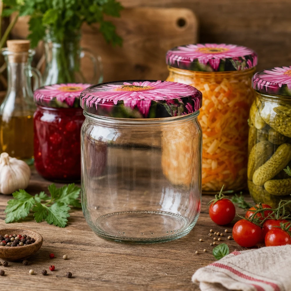 425ml pot rond vide avec couvercle à fleur BasicSeal entre des bocaux remplis, des tomates et des épices sur une table en bois