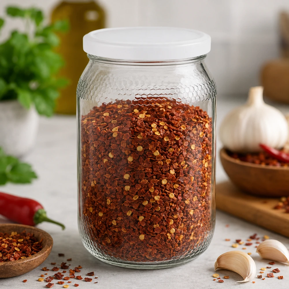 Pot à miel 1260 g avec couvercle blanc BasicSeal UNiTWIST Pot de miel 900ml rempli de flocons de piment montre une utilisation polyvalente pour les épices et les aliments BasicSeal couvercle