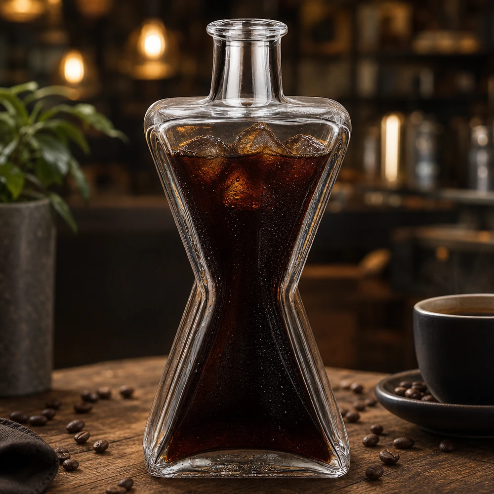 Bouteille en verre Star 200ml remplie de café Cold Brew à côté de grains de café et d'une tasse sur une table en bois dans une atmosphère de café.