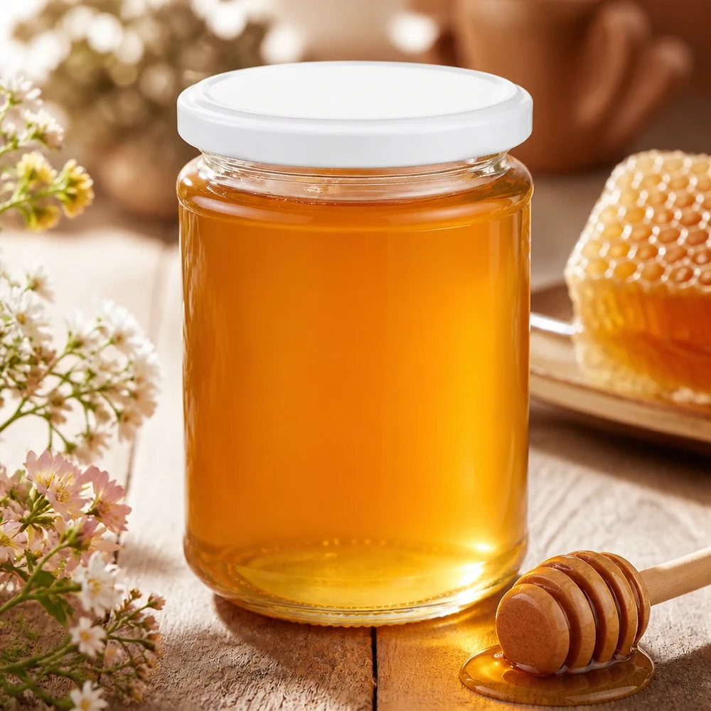 390ml Verre rond avec couvercle BasicSeal blanc UNiTWIST 390ml pot rond UNiTWIST avec couvercle blanc comme pot à miel - parfait pour le miel, la confiture et les pâtes à tartiner sucrées