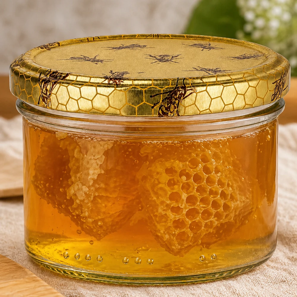 Pot à miel 300 g avec couvercle motif rayon de miel BasicSeal UNiTWIST Pot de miel de 300g rempli de nid d'abeille doré dans le miel, bouchon décoratif avec motif d'abeille