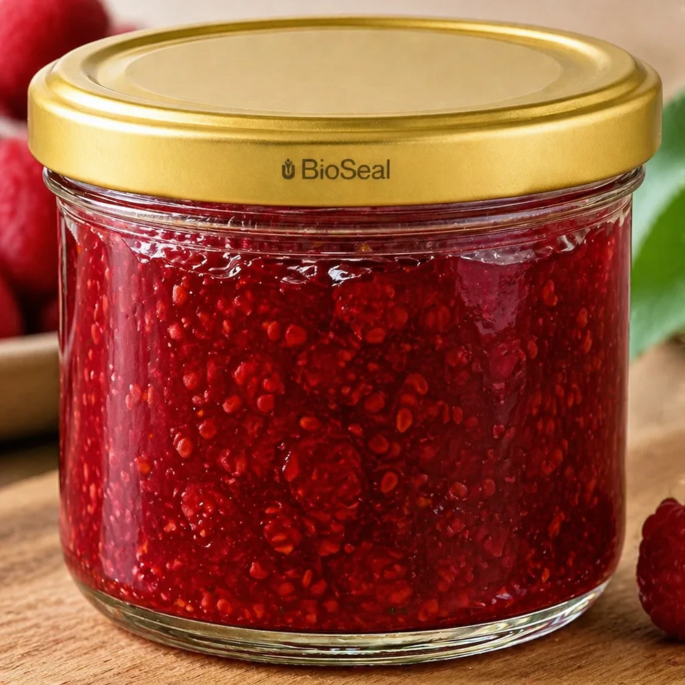 260ml Verre conique avec couvercle BioSeal or UNiTWIST UNiTWIST Pot renversé 260ml rempli de confiture de framboise - bouchon TO82 BioSeal doré pour les pâtes à tartiner fruitées