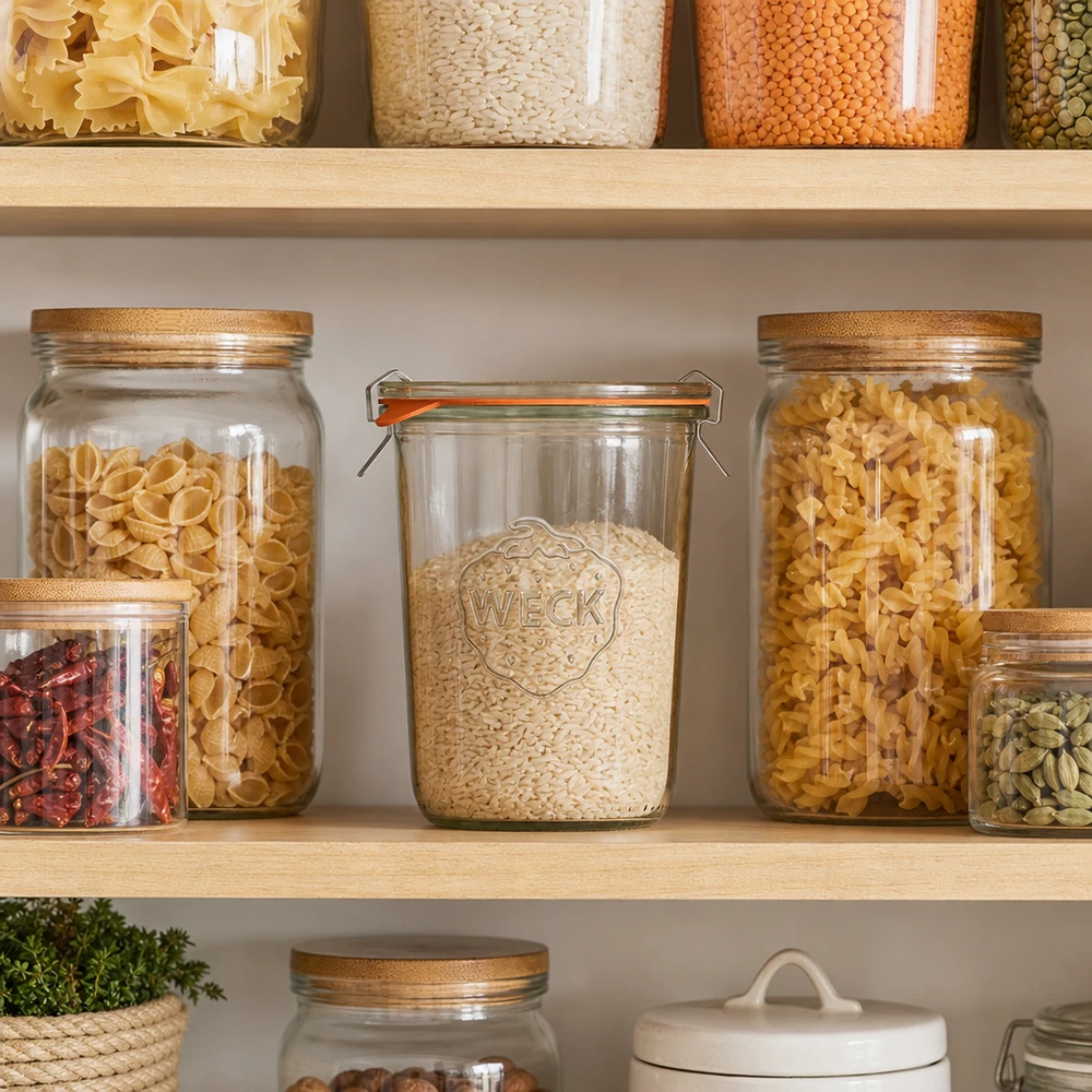 850ml bocal conique complet WECK RR100 WECK Verre renversé 850ml RR100 pour une conservation élégante du riz et des pâtes dans une cuisine à provisions moderne