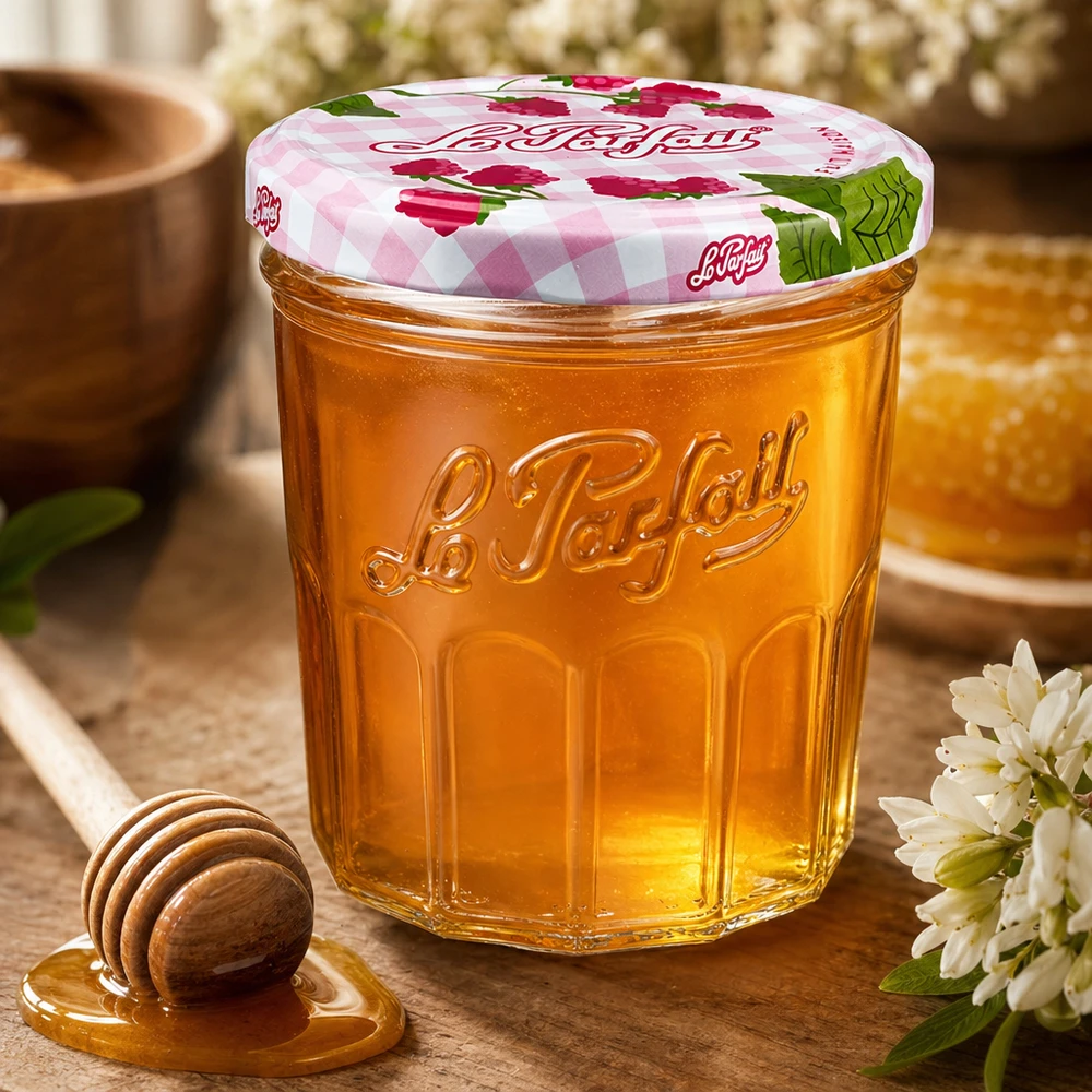 Le Parfait® Jam 324 ml Ø82 mm pot confiture 324ml Le Parfait Verre renversé rempli de miel à côté d'une cuillère à miel et de fleurs blanches sur une table en bois