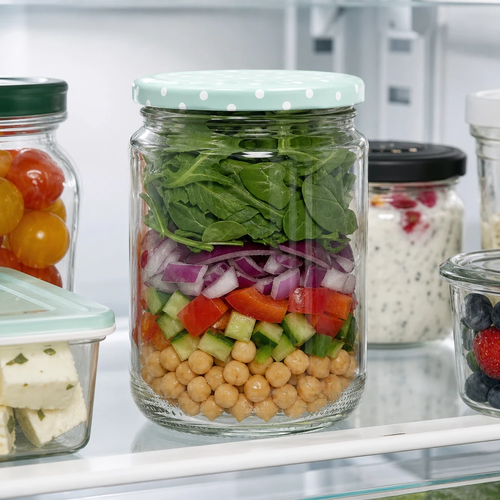 375ml Rundglas mit Schichtsalat gefüllt BasicSeal Deckel mint Punkte Meal Prep Vorratsglas Kühlschrank Salatglas
