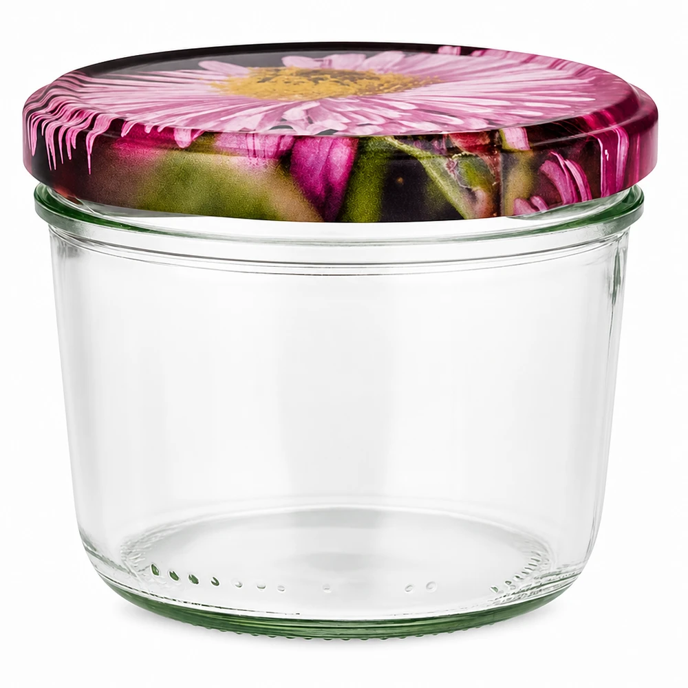 Pot de 230ml avec couvercle BasicSeal en décor floral, pot vide avec motif floral rose sur fond blanc