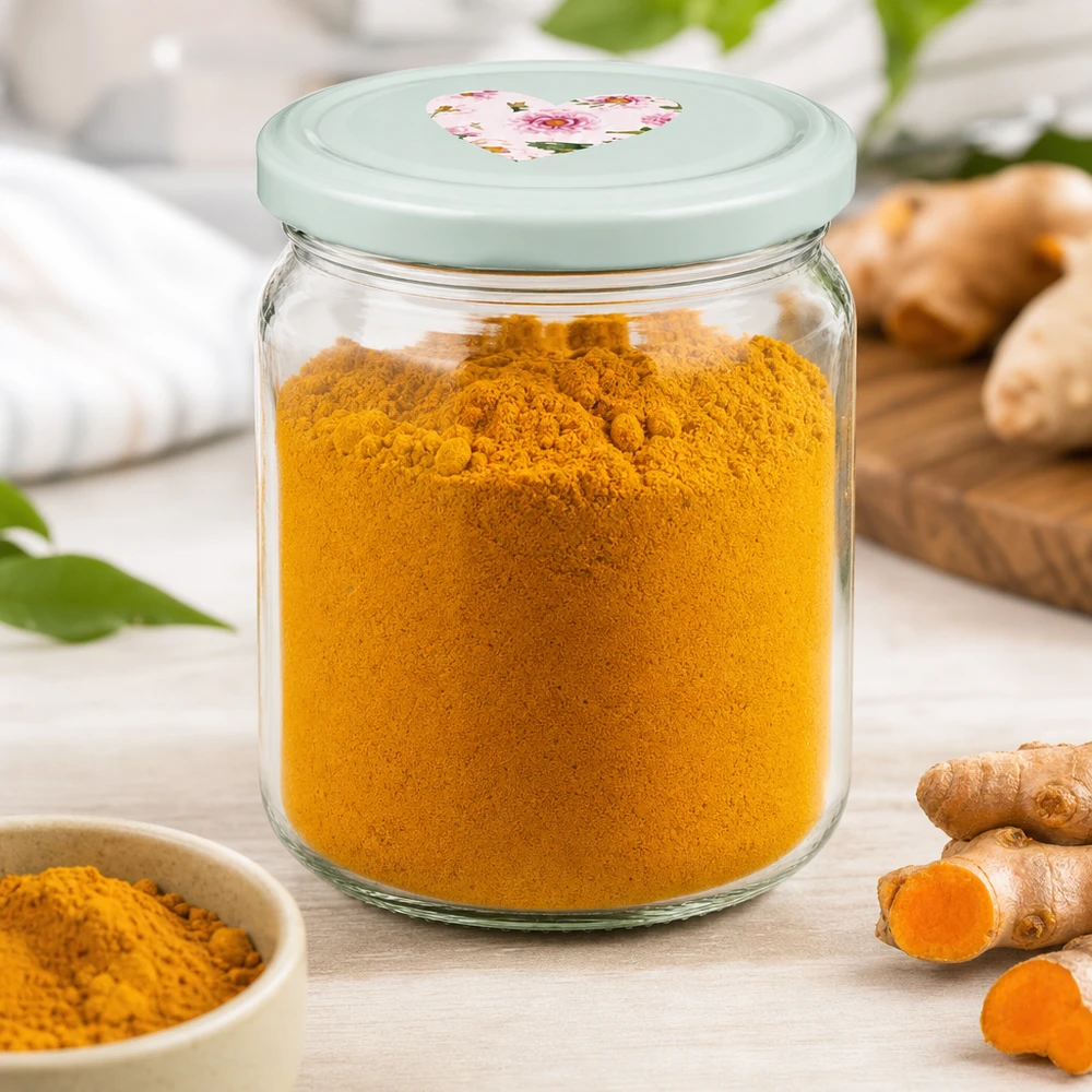 Pot rond 408 ml + couvercle BasicSeal cur menthe UNiTWIST Bocal rond de 408 ml avec couvercle à cœur BasicSeal menthe rempli de poudre de curcuma, entouré de racines de curcuma fraîches