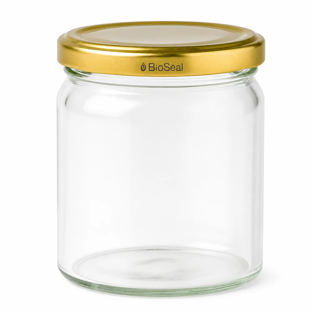 UNiTWIST Runda408 Pot de conservation avec couvercle TO82 BioSeal doré - pot en verre rond pour la mise en conserve et la conservation