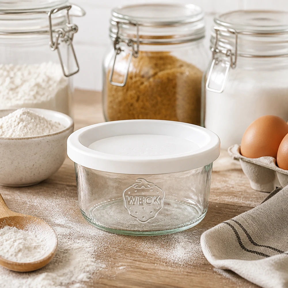 165ml bocal conique avec couvercle fraîcheur WECK RR80 WECK 165ml pot renversé RR80 avec couvercle blanc entre les ingrédients de cuisson farine et œufs sur une table en bois dans une cuisine rustique