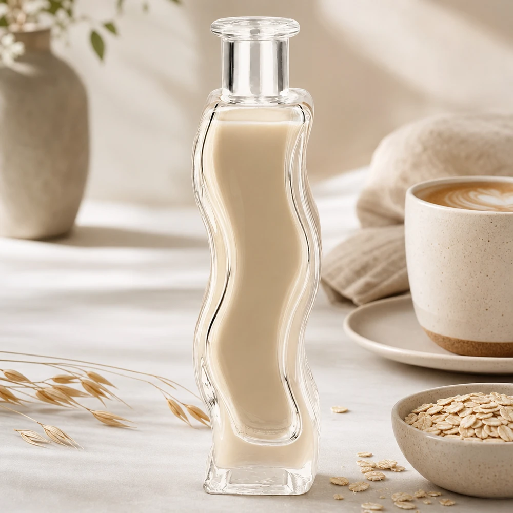 Flacon en verre « Melissa » 100 ml sans bouchon UNiTWIST® Glasflasche Melissa 100ml mit cremiger Flüssigkeit in elegantem Wellness-Setting mit Haferflocken und Kaffeetasse
