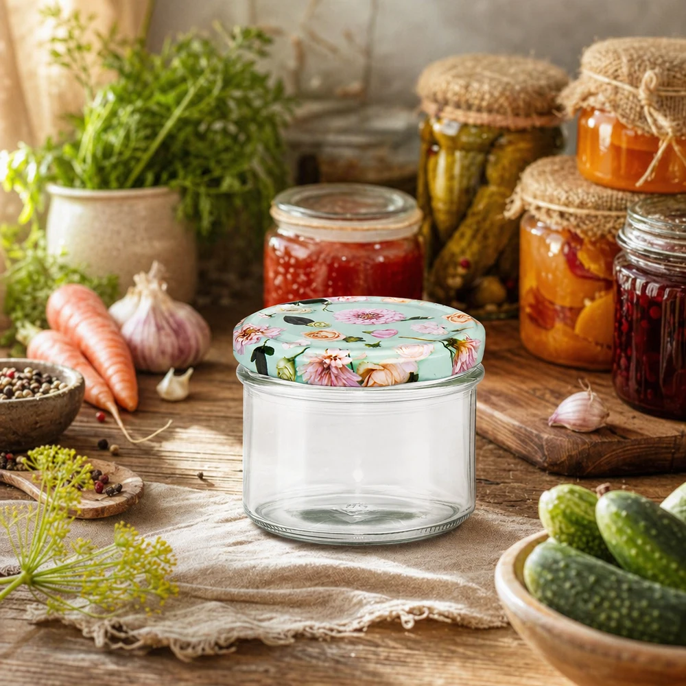 Verres de 180 ml + couvercle BasicSeal fleur de menthe UNiTWIST Pot de 225 ml avec couvercle à fleurs menthe dans une cuisine rustique, entouré de bocaux et d'ingrédients frais