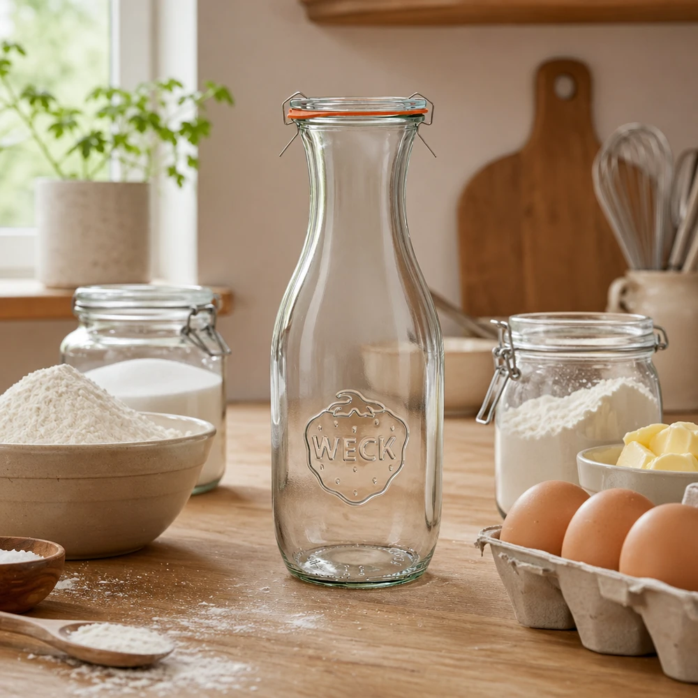 Bouteille à jus de 1062 ml, ensemble complet WECK RR60 WECK Bouteille de jus 1062ml RR60 vide dans une cuisine rustique avec des ingrédients de boulangerie farine œufs et ustensiles de cuisine