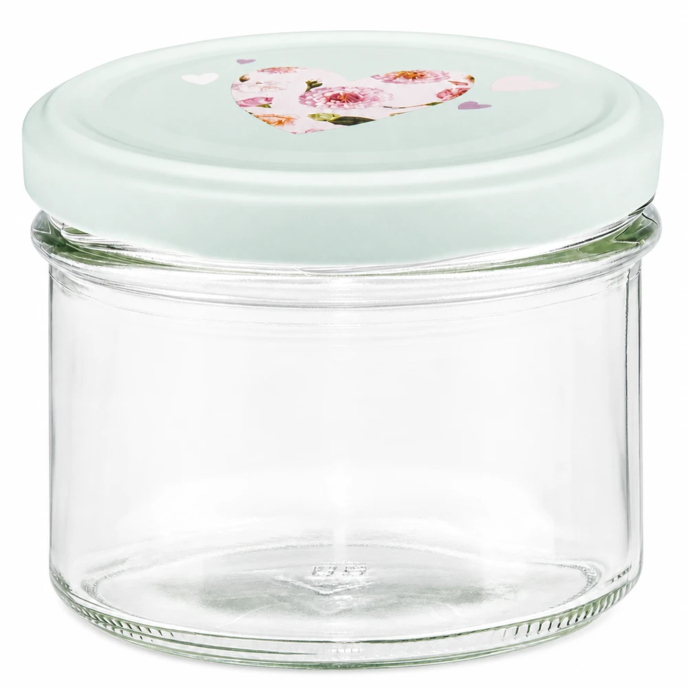 Pot renversé de 225ml avec couvercle BasicSeal menthe avec motif de cœur en verre transparent pour confitures et conserves