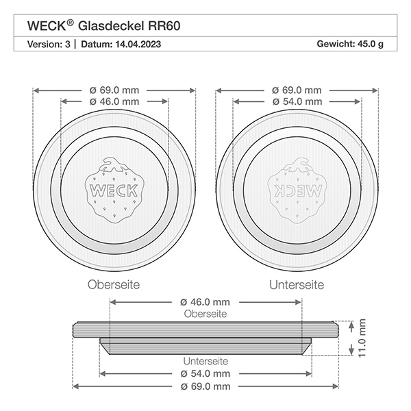 Mini bocal conique WECK 140 ml complet avec cuillère à miel et nud WECK couvercle en verre RR60 Dimensions et mesures 69mm diamètre 11mm hauteur dessin technique spécification du produit