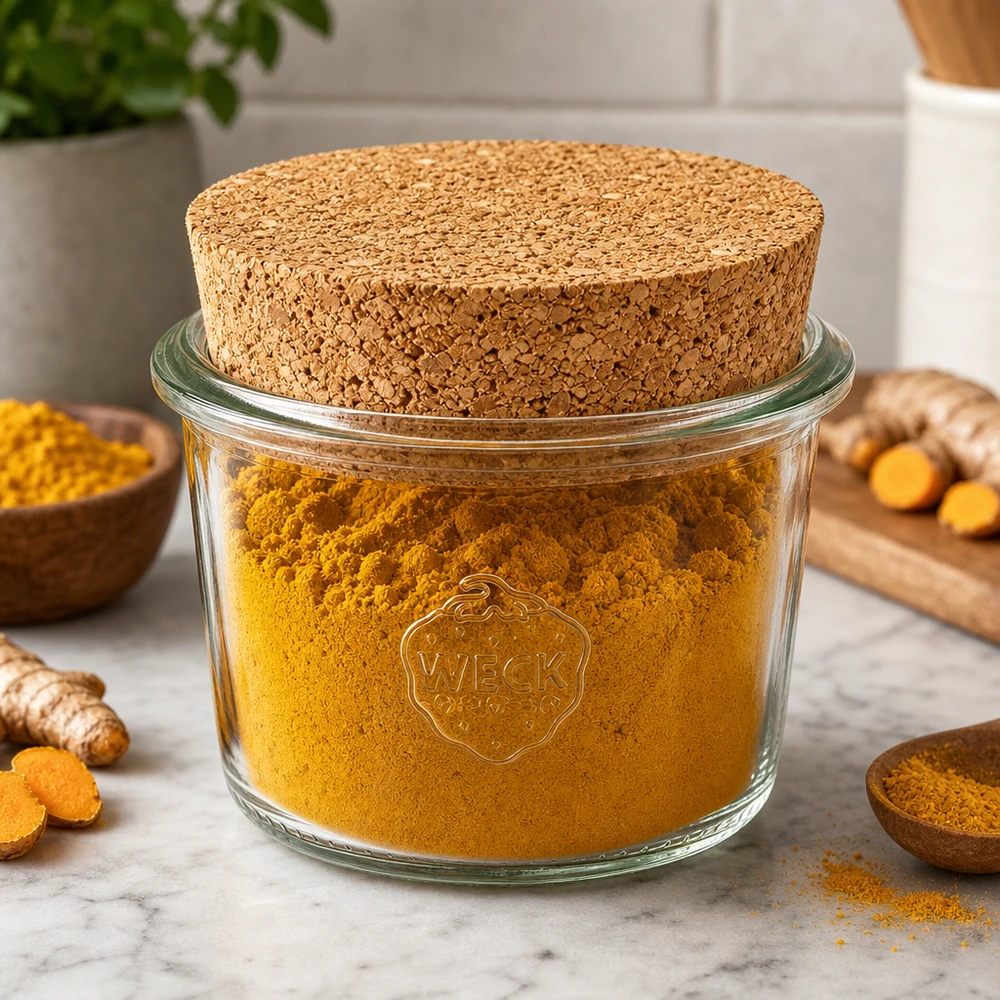 80ml bocal conique WECK RR60 avec bouchon nature WECK Pot renversé 80ml RR60 avec bouchon naturel rempli de poudre de curcuma pour la conservation des épices dans la cuisine