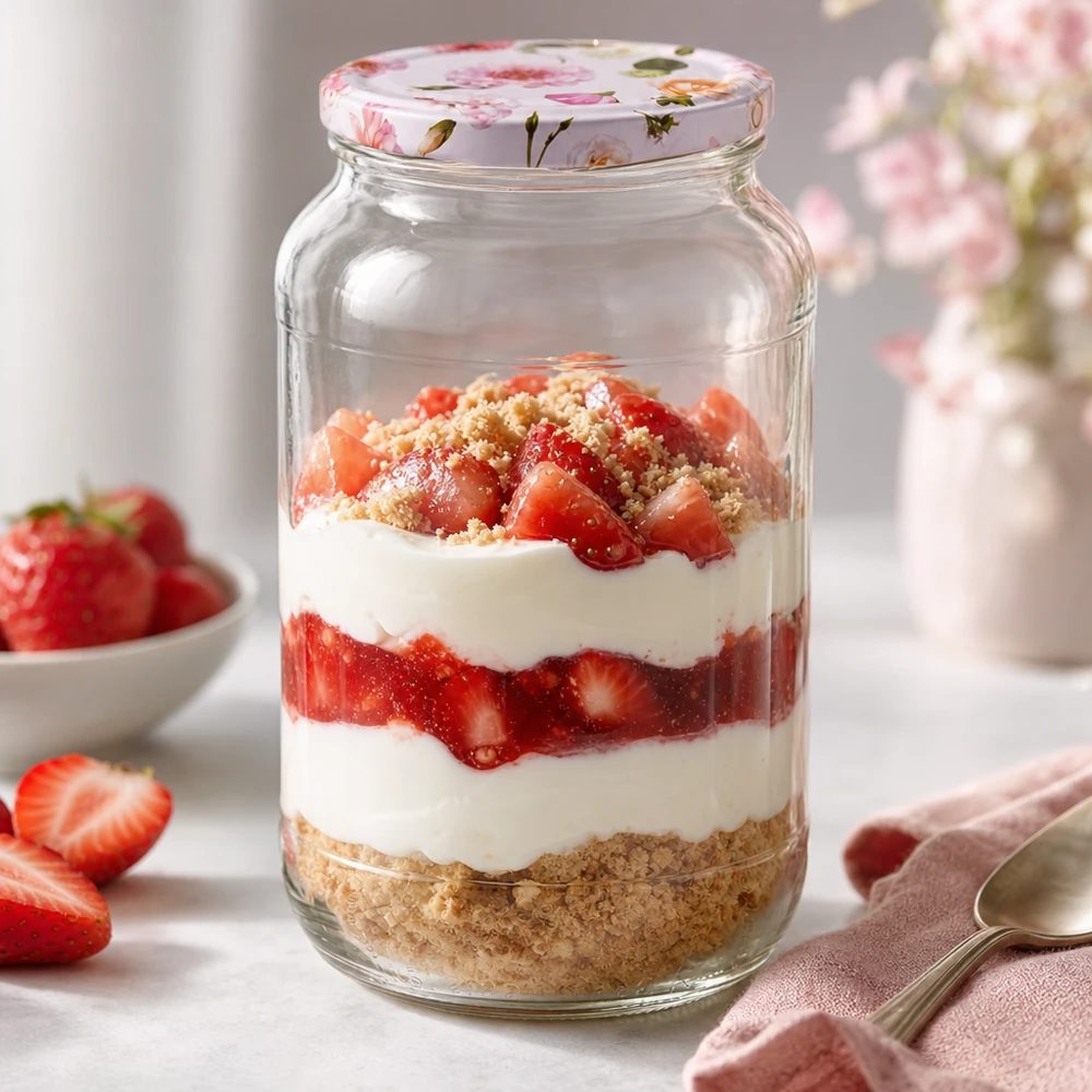 Dessert stratifié en pot rond de 1062ml avec couvercle à fleurs roses Fraises Crème Fond de Biscuit Fermeture BasicSeal Dessert