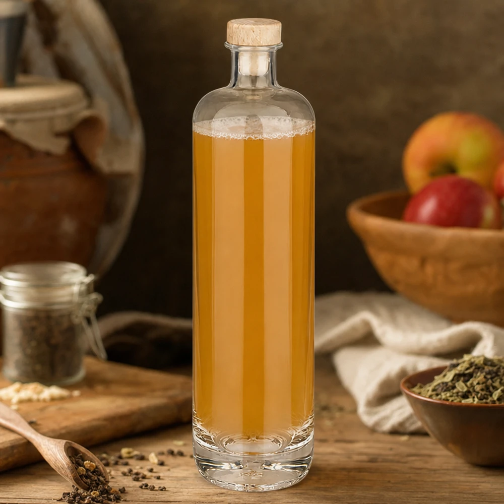 Bouteille en verre 700 ml « Ella » avec bouchon en bois UNiTWIST® Bouteille en verre Ella de 700 ml avec teinture dorée et bouchon en bois entouré d'épices et de fruits dans une cuisine rustique