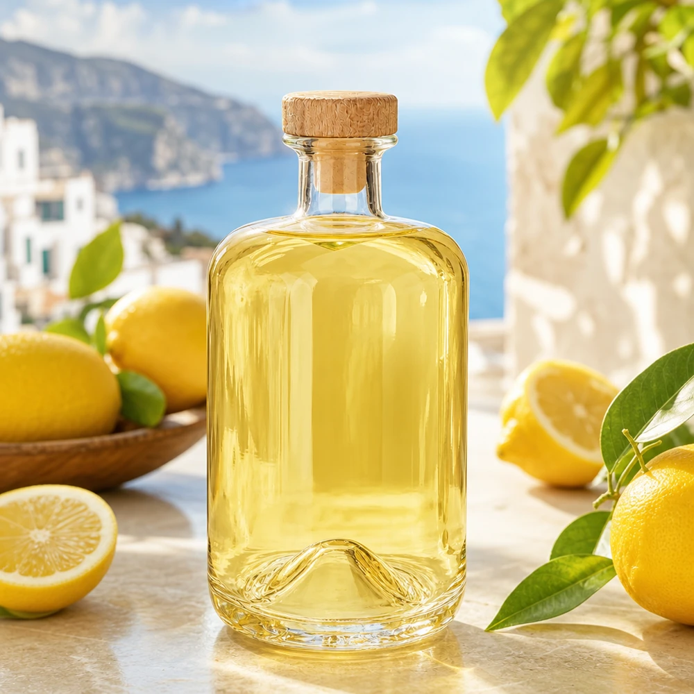 Flacon à pharmacie 700 ml « Sofia » avec bouchon en bois UNiTWIST® Bouteille en verre Sofia de 700 ml avec bouchon en bois remplie de liqueur de citron jaune dans un décor de côte méditerranéenne avec des citrons