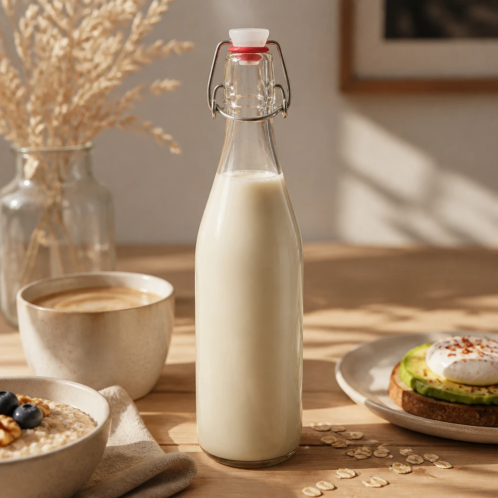 Bouteille en verre de 500 ml avec bouchon à étrier remplie de lait d'avoine ambiance chaude pour le petit-déjeuner lait végétal substitut de lait