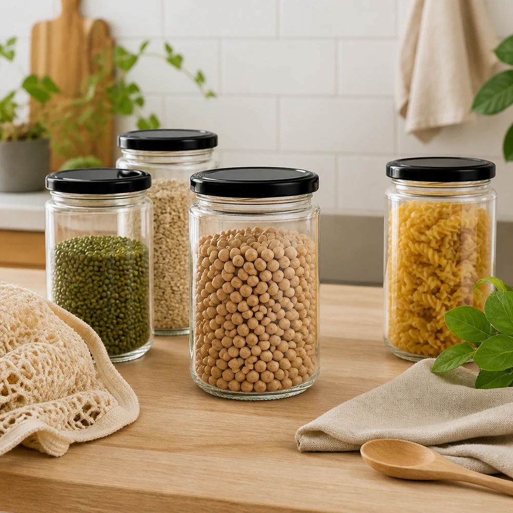 390ml Bocal rond BasicSeal Couvercle noir Set de bocaux à provisions Légumes secs Pâtes cuisine organiser durablement