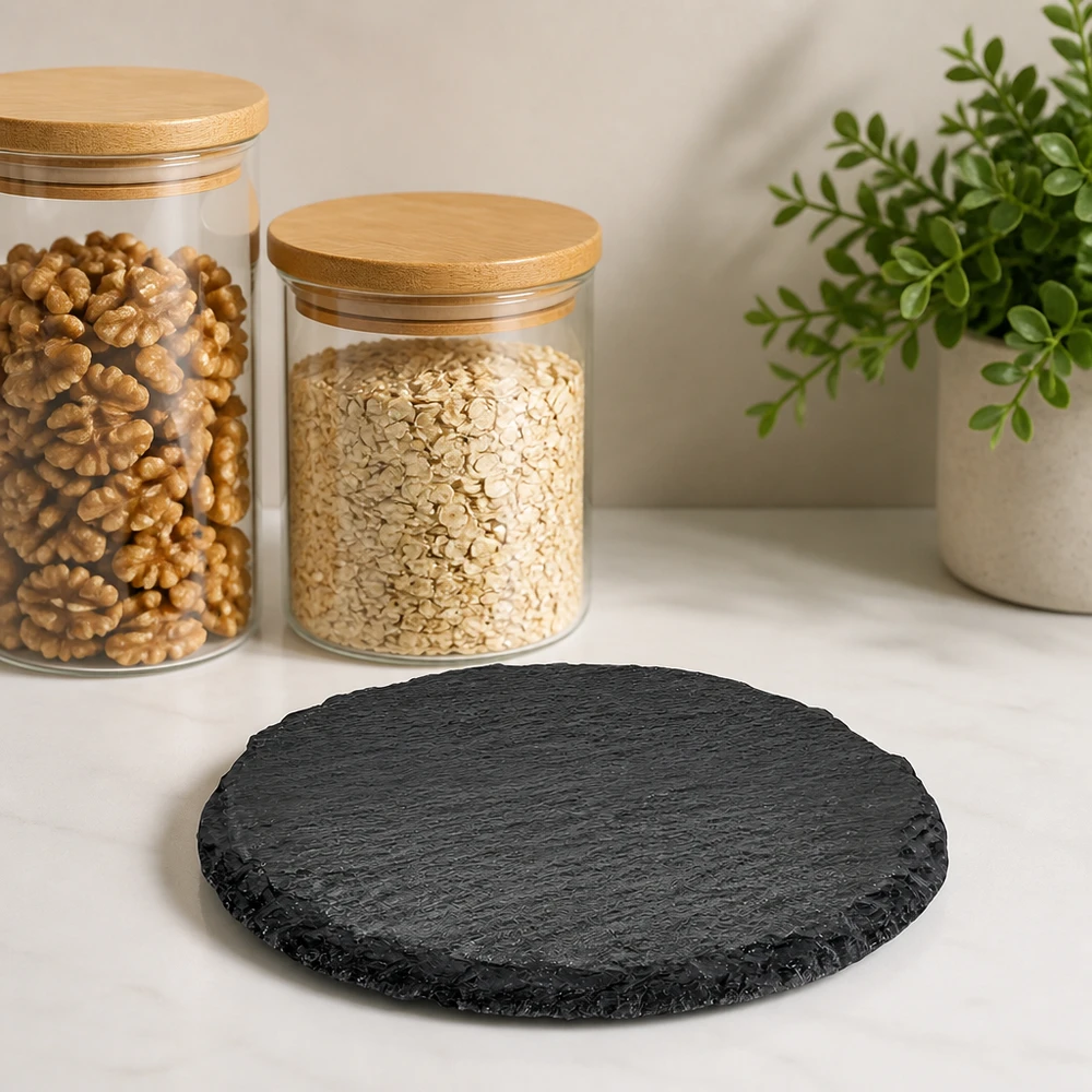 Ardoise ronde de 15 cm de diamètre sur un comptoir de cuisine blanc, à côté de bocaux à provisions contenant des noix et des flocons d'avoine.