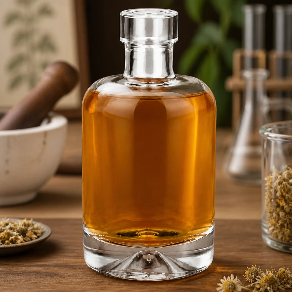 Bouteille en verre Amelie de 50 ml remplie d'un élixir d'herbes ambré sur une table en bois décorée de camomille et d'épices