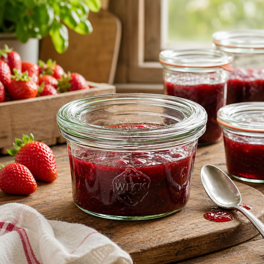 50ml bocal conique avec bouchon en verre WECK RR60 WECK Pot de 50ml rempli de confiture de fraises sur une planche en bois à côté de fraises fraîches dans une cuisine rustique