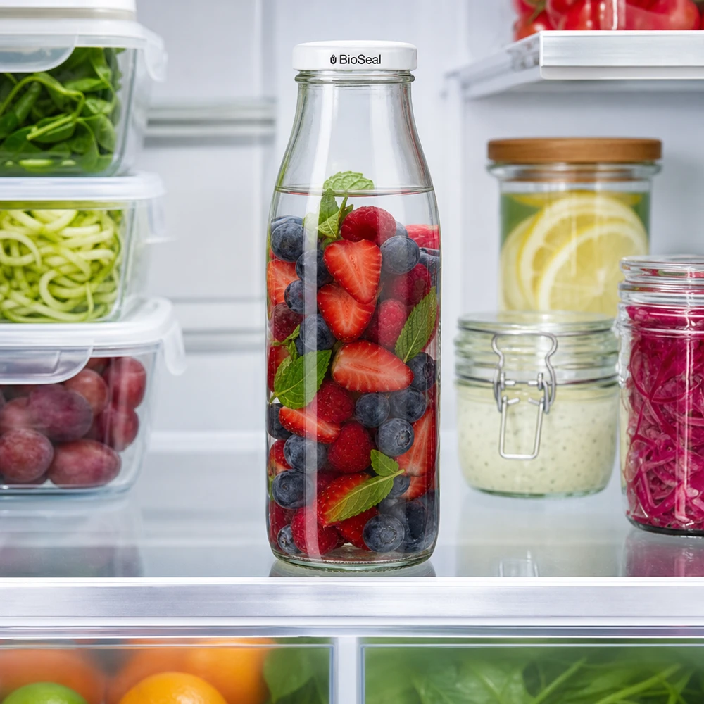 Bouteille en verre de 500 ml avec couvercle BioSeal au réfrigérateur, remplie de baies et de menthe, à côté des récipients Meal Prep