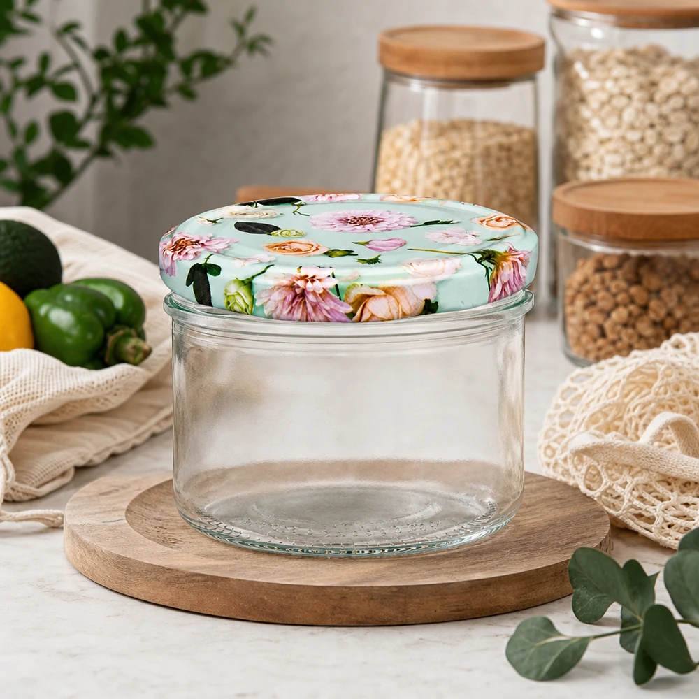 Bocal à provisions 230ml avec couvercle à fleurs menthe dans Cuisine - Bocal de conservation sur planche en bois à côté des bocaux à céréales