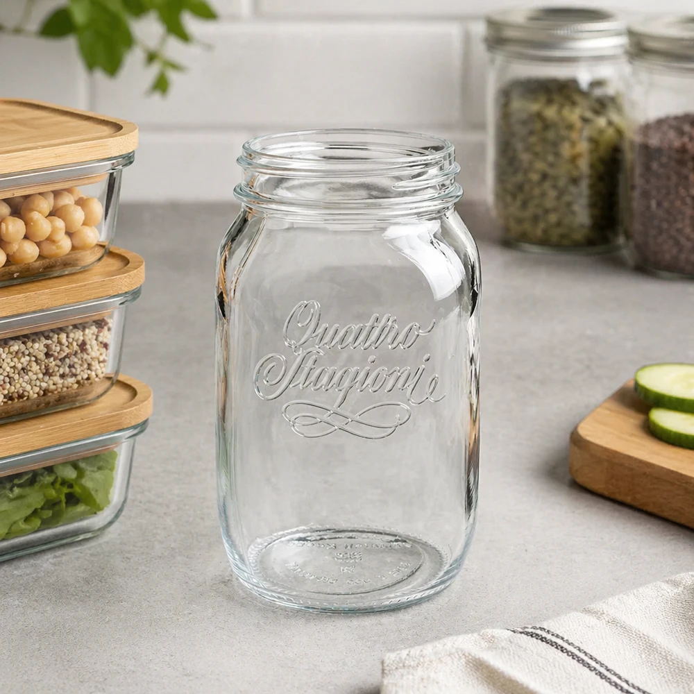 1000ml Verre rond "Quattro Stagioni" QS86mm 1000ml Quattro Stagioni Verre de ménage vide sur le comptoir de la cuisine avec des bocaux à provisions et une planche en bois en arrière-plan