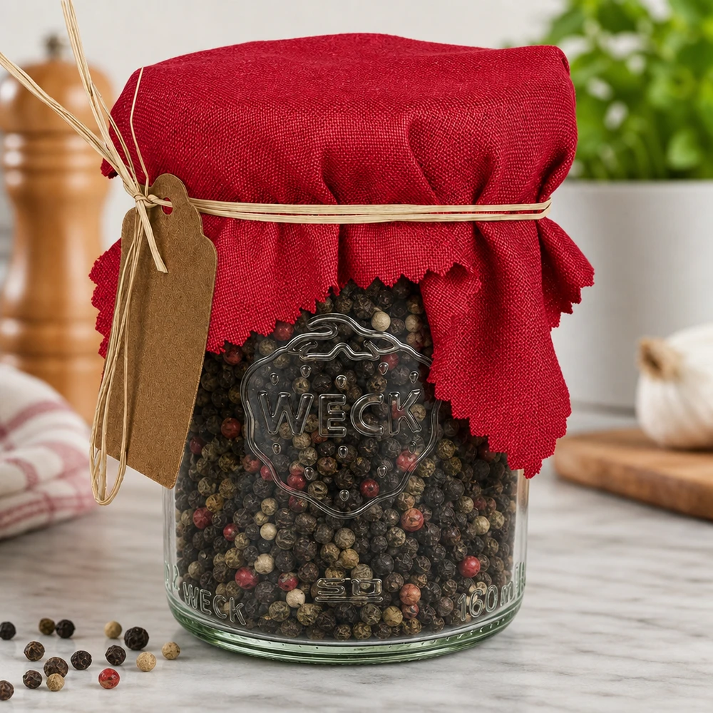 Bocal WECK décoré d'un couvre-pot en tissu rouge et d'une étiquette
