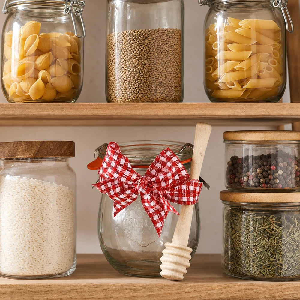 Armoire à provisions avec bocaux WECK pour pâtes et épices, mini bocal tulipe 220ml avec cuillère à miel comme décoration de cuisine