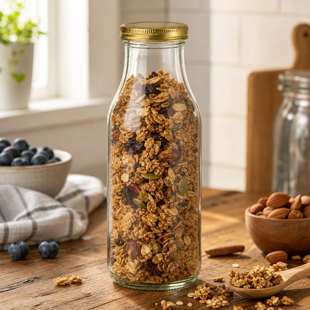 UNiTWIST Bottle263 remplie de céréales montre le couvercle TO43 BioSeal doré dans un environnement de cuisine rustique avec des noix