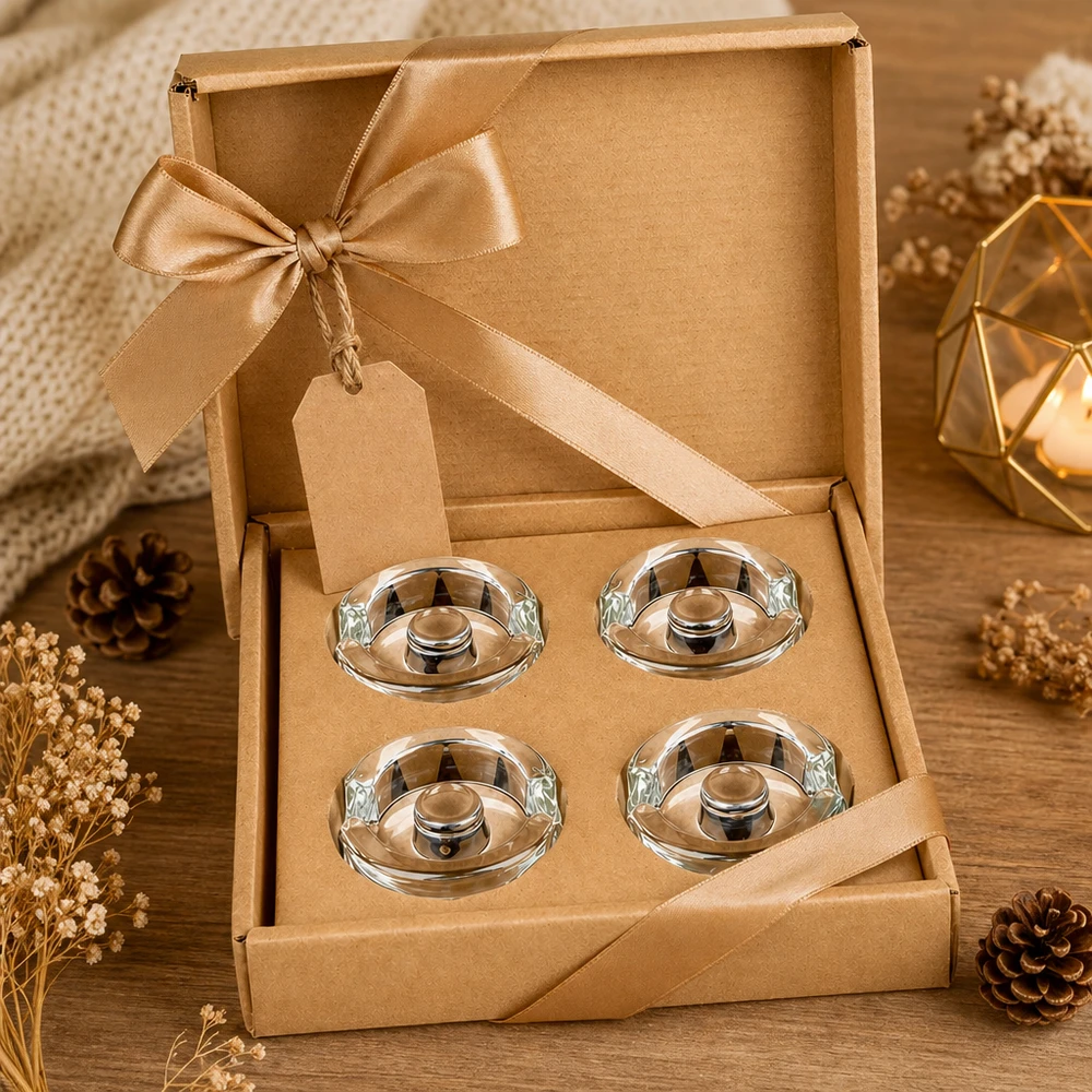 Ensemble de 4 poids en verre UNiTWIST Poids en verre pour la fermentation, set de 4 dans un emballage cadeau ouvert avec ruban doré et décoration automnale