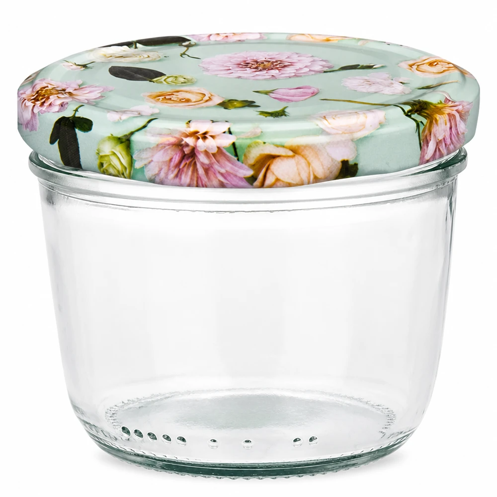 Pot de 230ml avec couvercle BasicSeal design fleur menthe, pot vide pour confitures et conserves