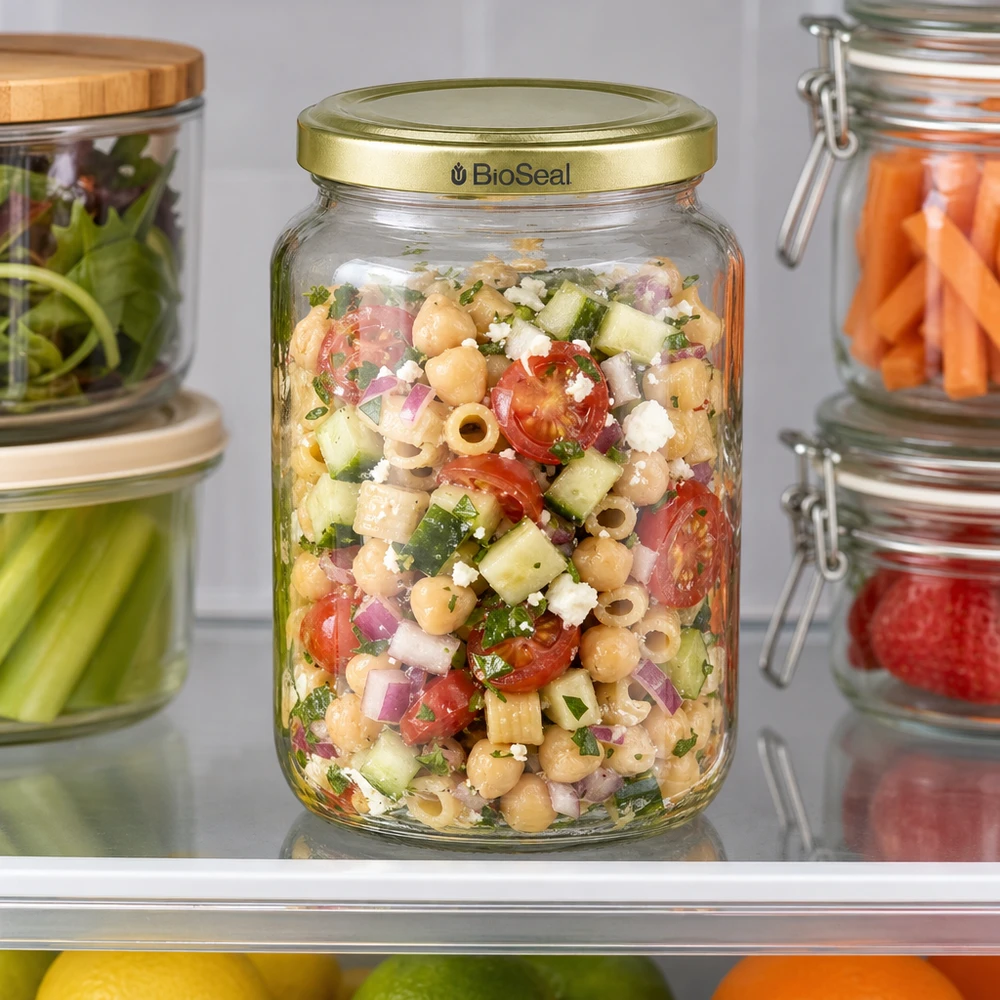 Pot à miel 1000 g avec couvercle doré BioSeal UNiTWIST 1000g BioSeal pot de miel avec salade de pois chiches colorés et légumes montre idéal Meal Prep conservation dans le réfrigérateur