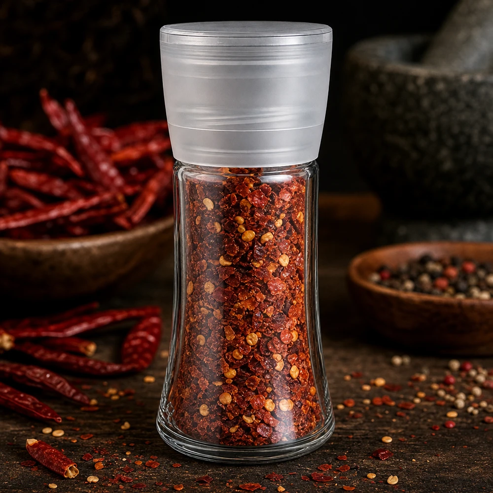 Pot à épices Vario de 95 ml avec moulin blanc, rempli de flocons de piment, devant un mortier et des piments