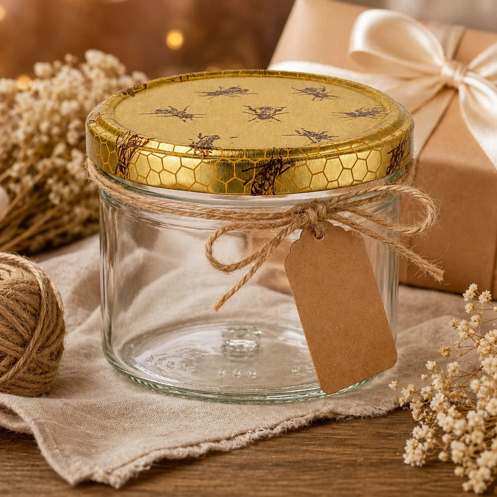 Pot à miel 300 g avec couvercle motif rayon de miel BasicSeal UNiTWIST Pot de miel de 300g avec couvercle décoratif à motif d'abeilles, emballage cadeau et présentation rustique sur bois
