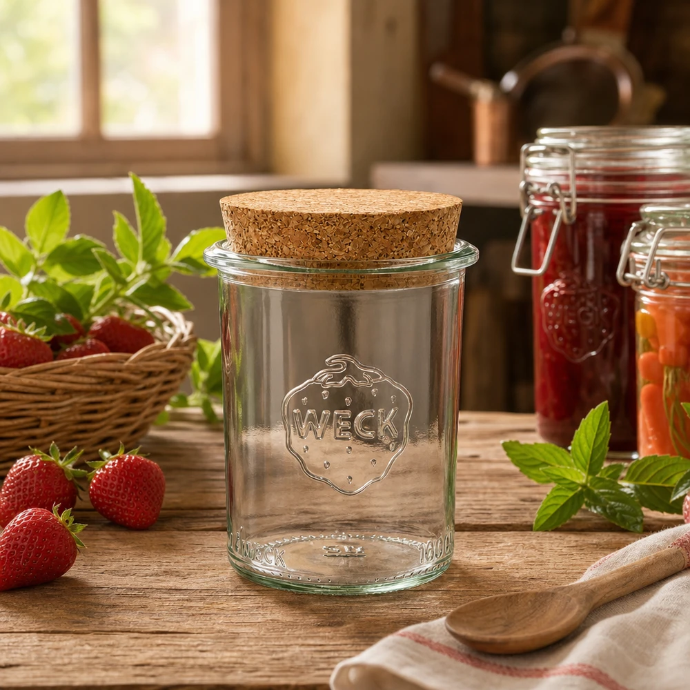 WECK RR60 Pot de conserve 160ml avec couvercle en liège dans la cuisine rustique à côté des fraises et des pots de confiture