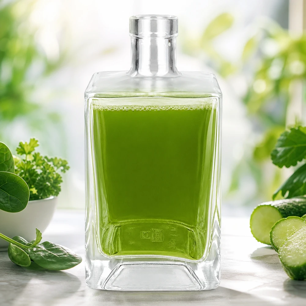 Bouteille en verre Ben 700ml remplie de jus vert entouré d'herbes fraîches de concombre et d'épinards comme smoothie detox