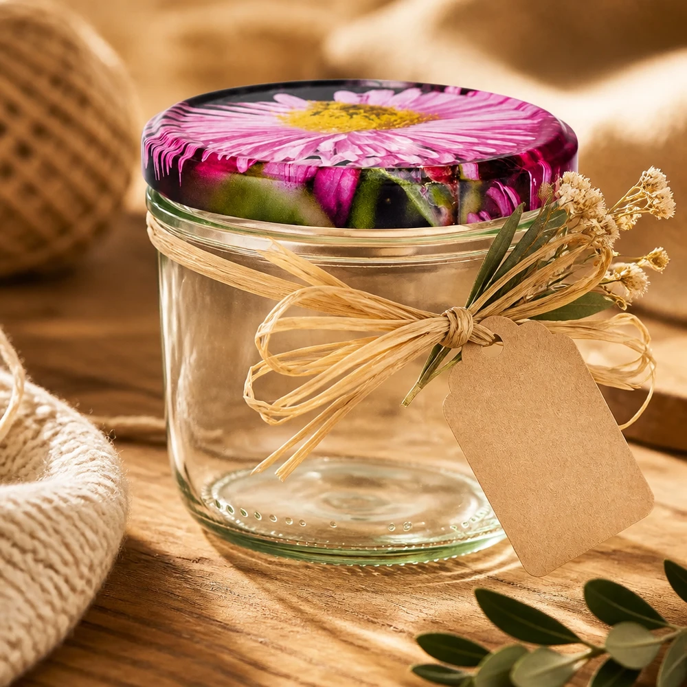 Emballage cadeau verre renversé 230ml avec couvercle à fleur BasicSeal, noeud en raphia et pendentif sur fond en bois
