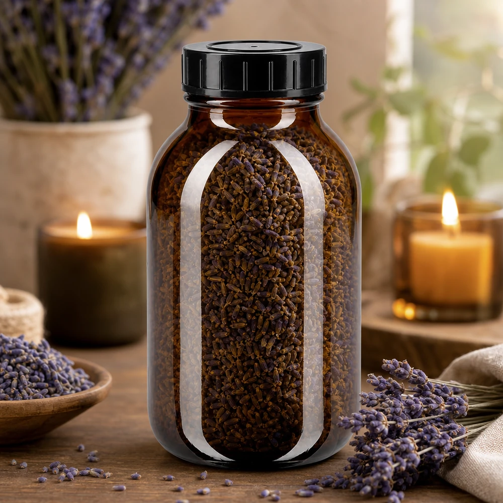 Bouteille en verre de 500 ml de haute qualité, de couleur marron, avec une grande ouverture pour faciliter le remplissage et la vidange.