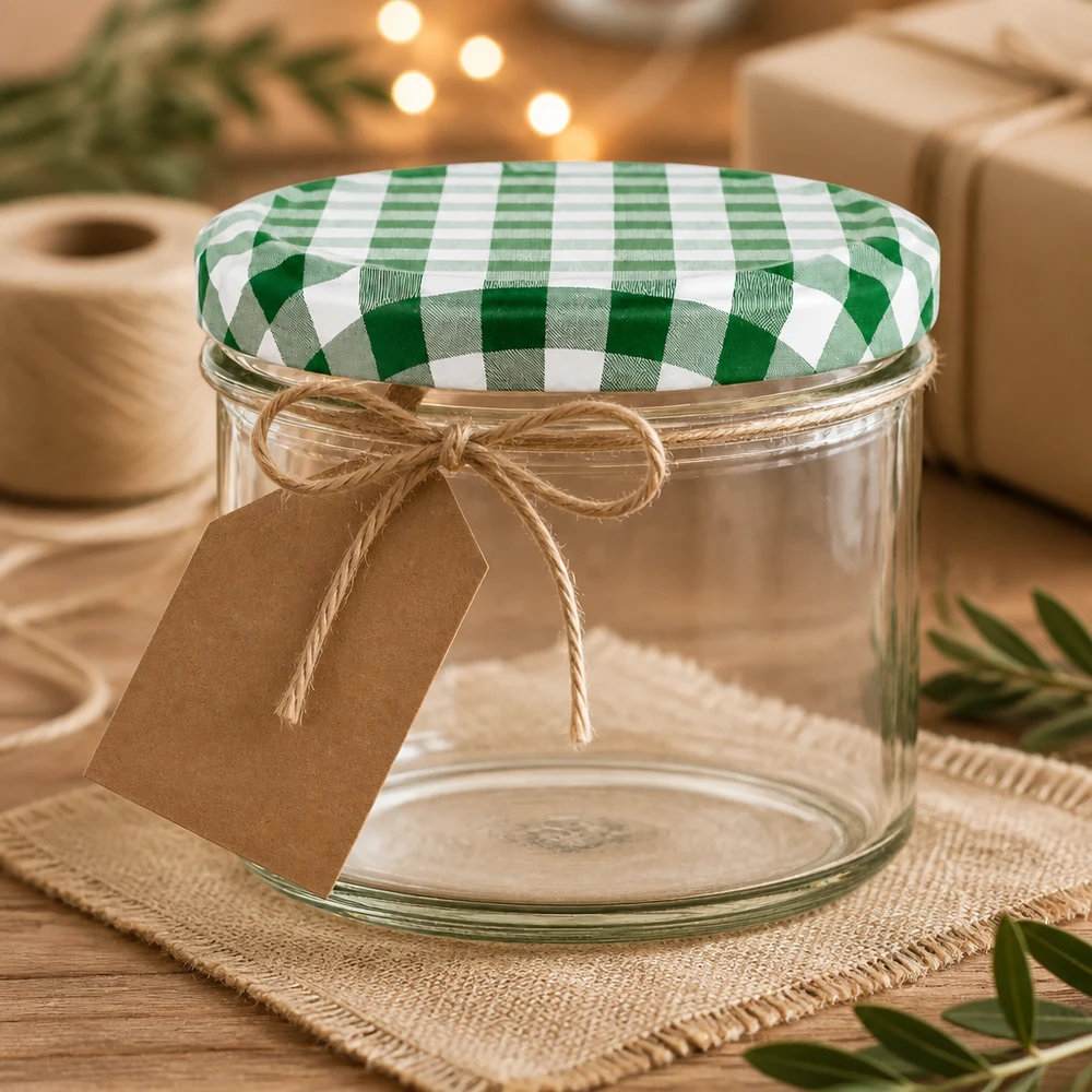 225ml Verre conique avec couvercle BasicSeal vert/blanc UNiTWIST Verre renversé de 225 ml avec couvercle à carreaux vert et blanc et pendentif en papier kraft pour une présentation décorative comme idée de cadeau