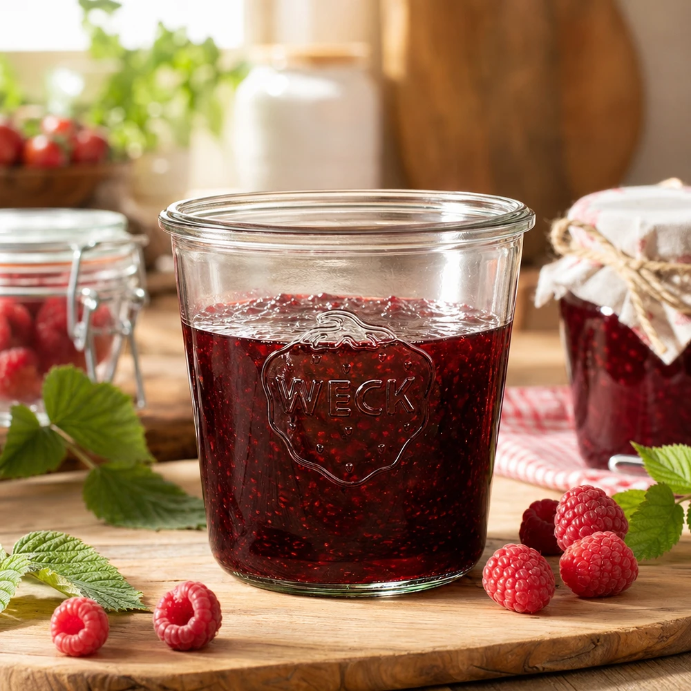 WECK Pot renversé 580ml RR100 rempli de confiture de framboises sur planche en bois avec framboises fraîches et feuilles de menthe