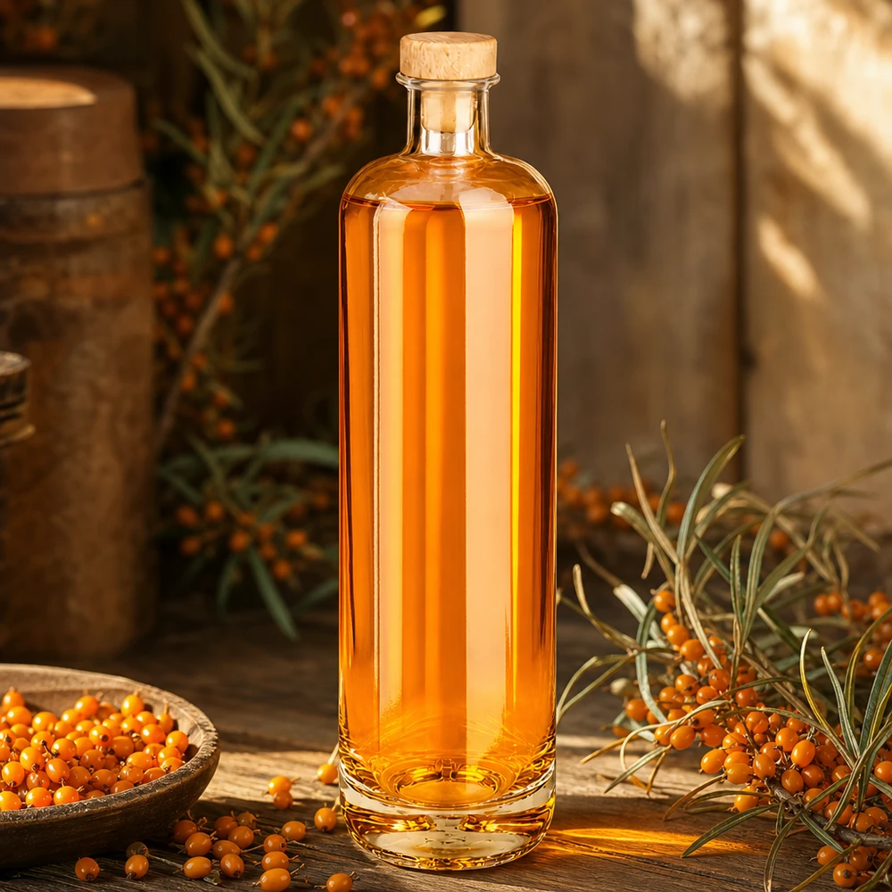 Bouteille en verre Ella de 700 ml remplie de liqueur d'argousier avec bouchon en bois entre des baies d'argousier fraîches sur une table en bois