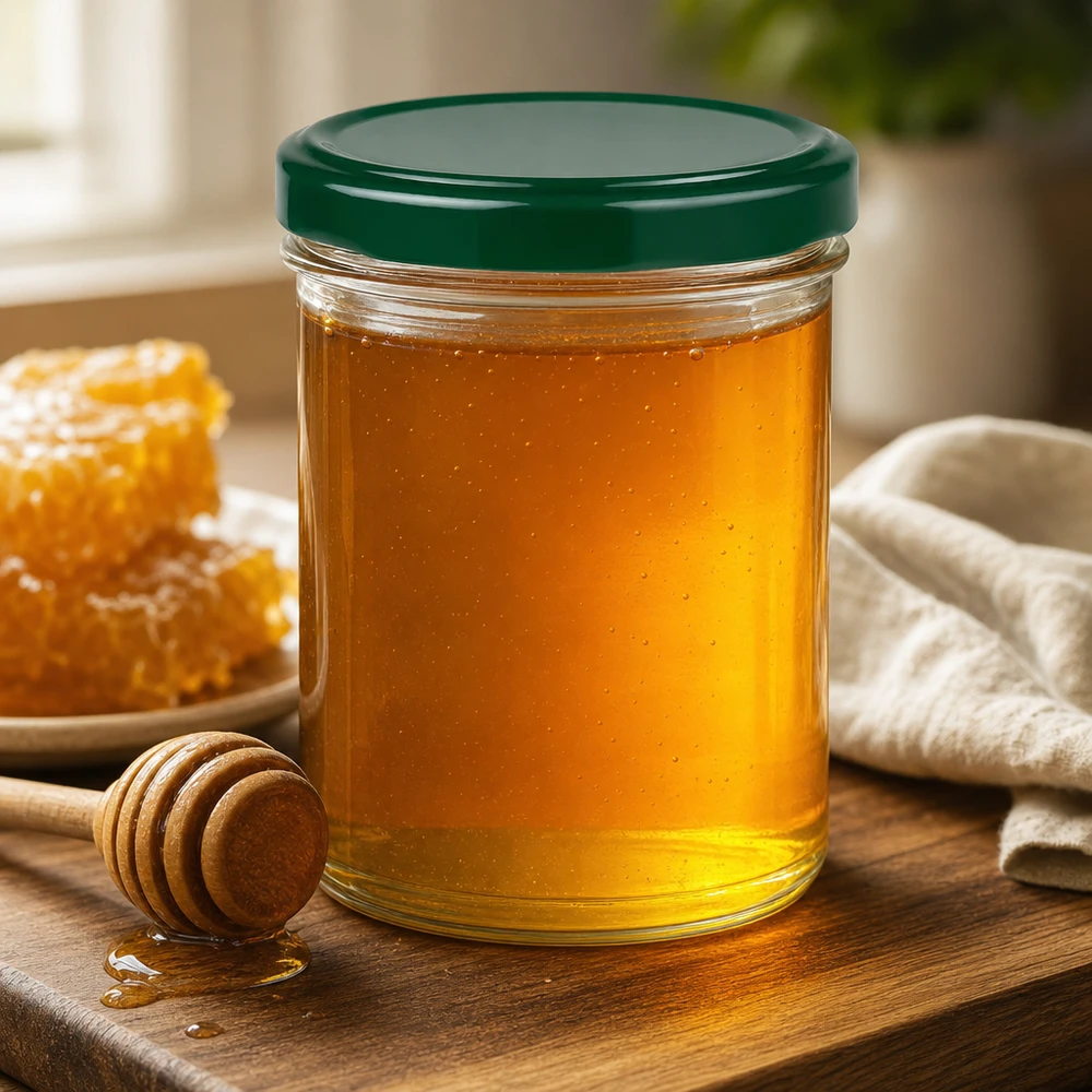 350ml Verre conique avec couvercle BasicSeal vert UNiTWIST Pot de 350 ml UNiTWIST vert rempli de miel à côté de la cuillère à miel et des alvéoles montre l'utilisation d'édulcorants naturels