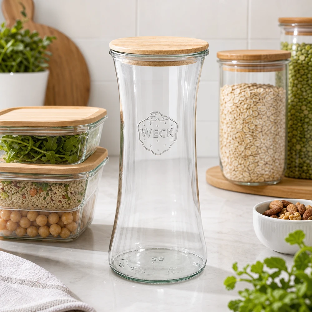 WECK Pot à délicatesse 700ml vide dans une cuisine moderne avec des bocaux à provisions et des aliments conservation organisée