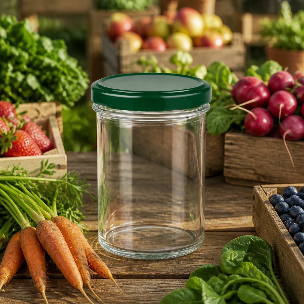 350ml Verre conique avec couvercle BasicSeal vert UNiTWIST Verre renversé de 350 ml UNiTWIST vide avec couvercle vert entre des légumes frais, des fruits et des herbes aromatiques sur une table en bois