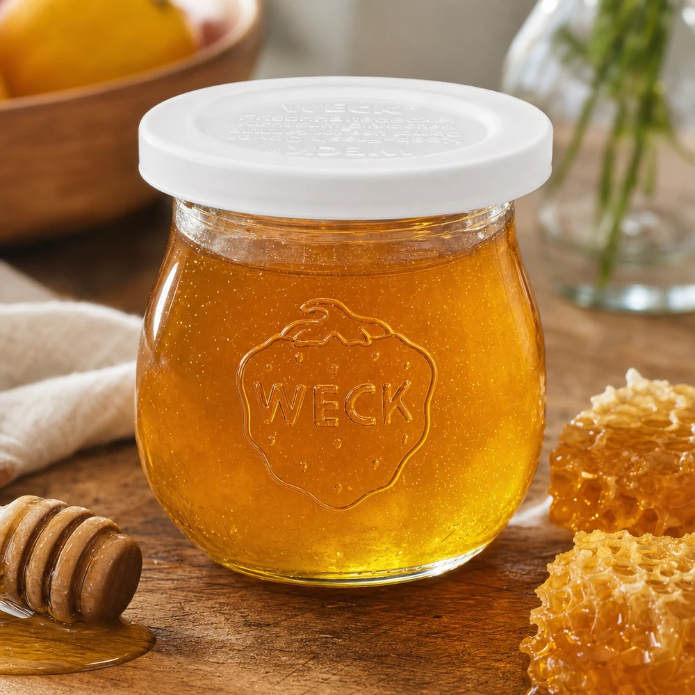 75ml bocal tulipe avec couvercle fraîcheur WECK RR40 WECK Tulpenglas 75ml mit Honig befüllt neben Waben und Honiglöffel zeigt vielseitige Verwendung des RR40 Einmachglases